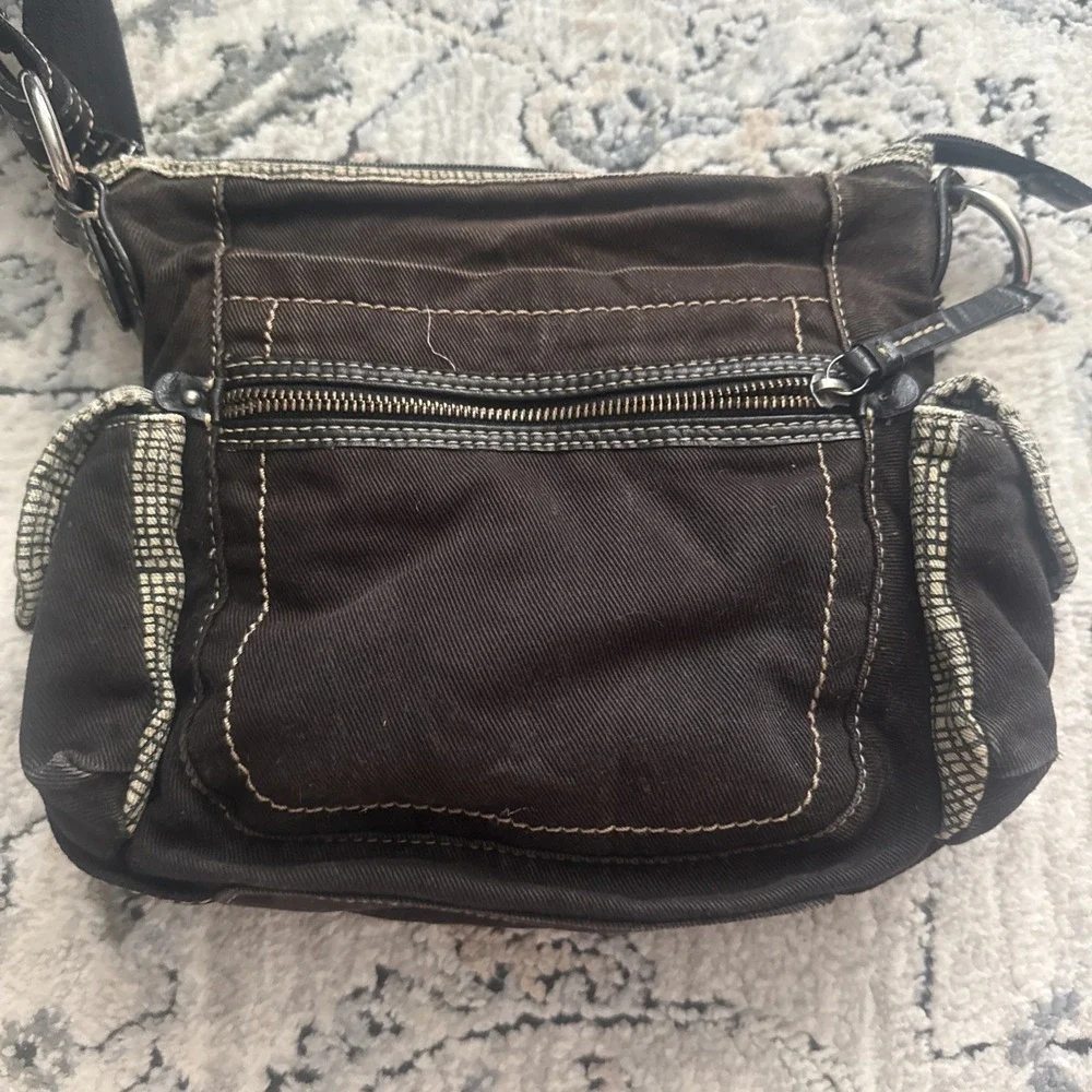 Vintage Y2K Fossil Denim Black Canvas Crossbody Bag Shoulder Purse Handbag Hobo